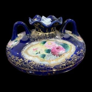 Hand Painted Nippon Vase Cobalt Blue Gold Gilt Floral 2 Handled Roses Vtg